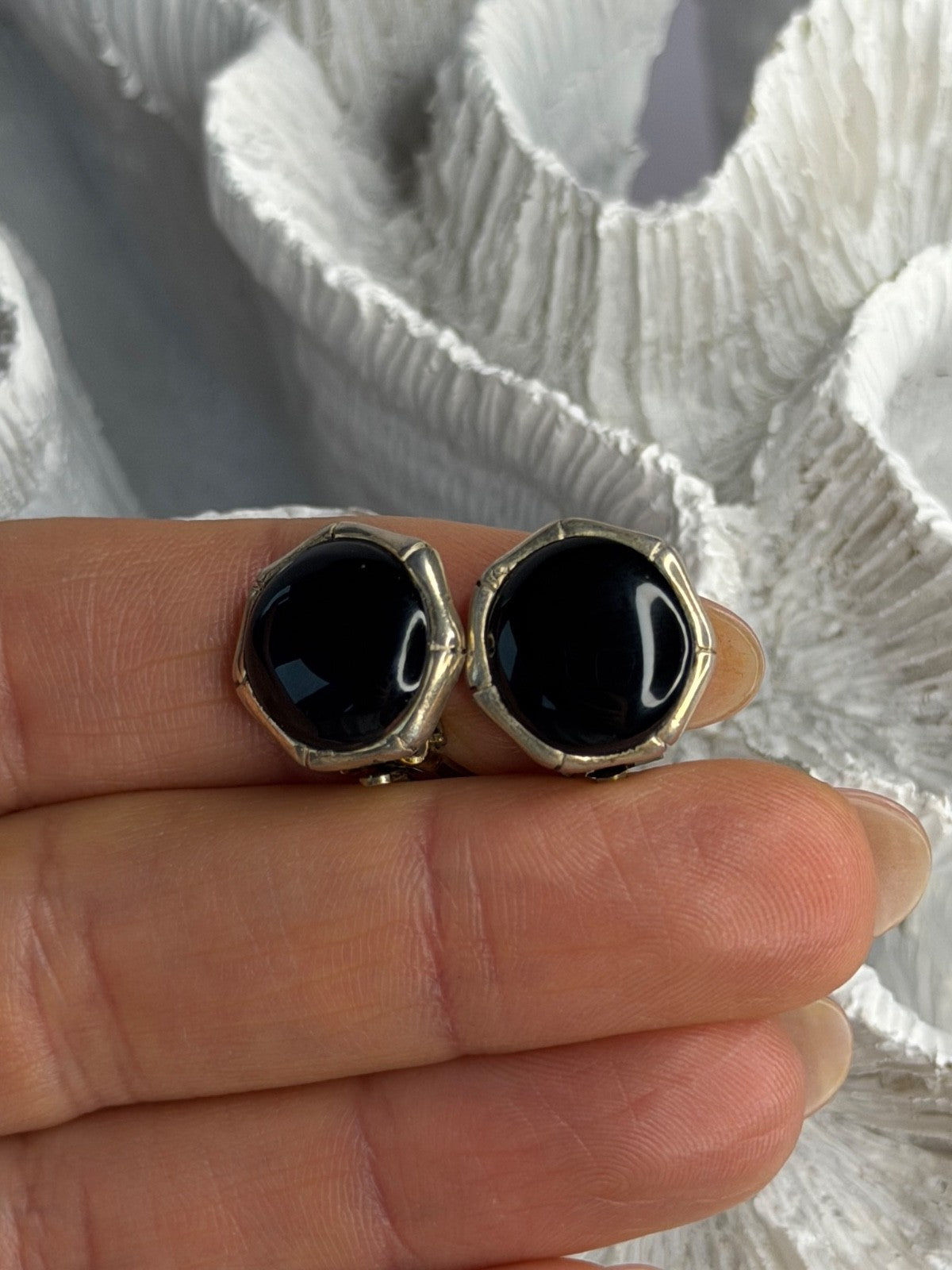 Vintage 925 Sterling Silver Black Onyx Clip-On Earrings