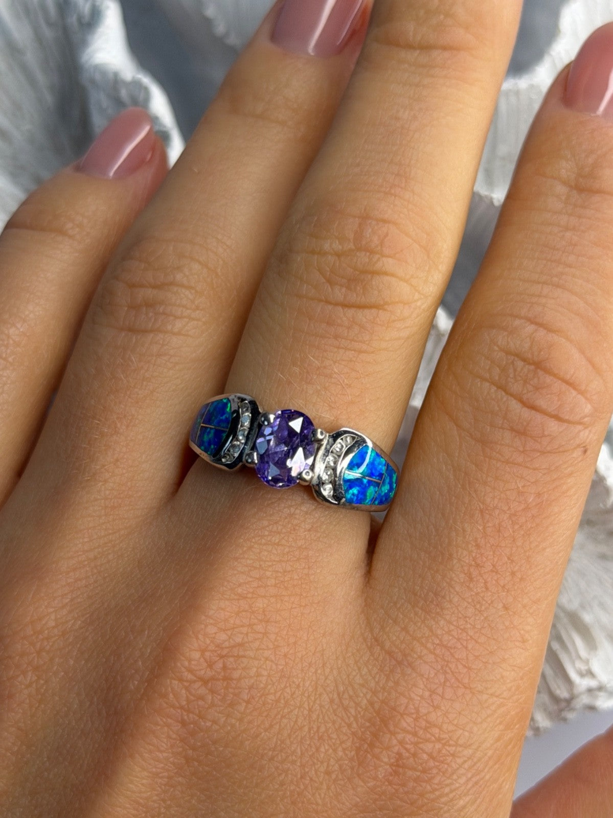 AK 925 Sterling Silver Amethyst & Opal & Beryl Ring Size 8