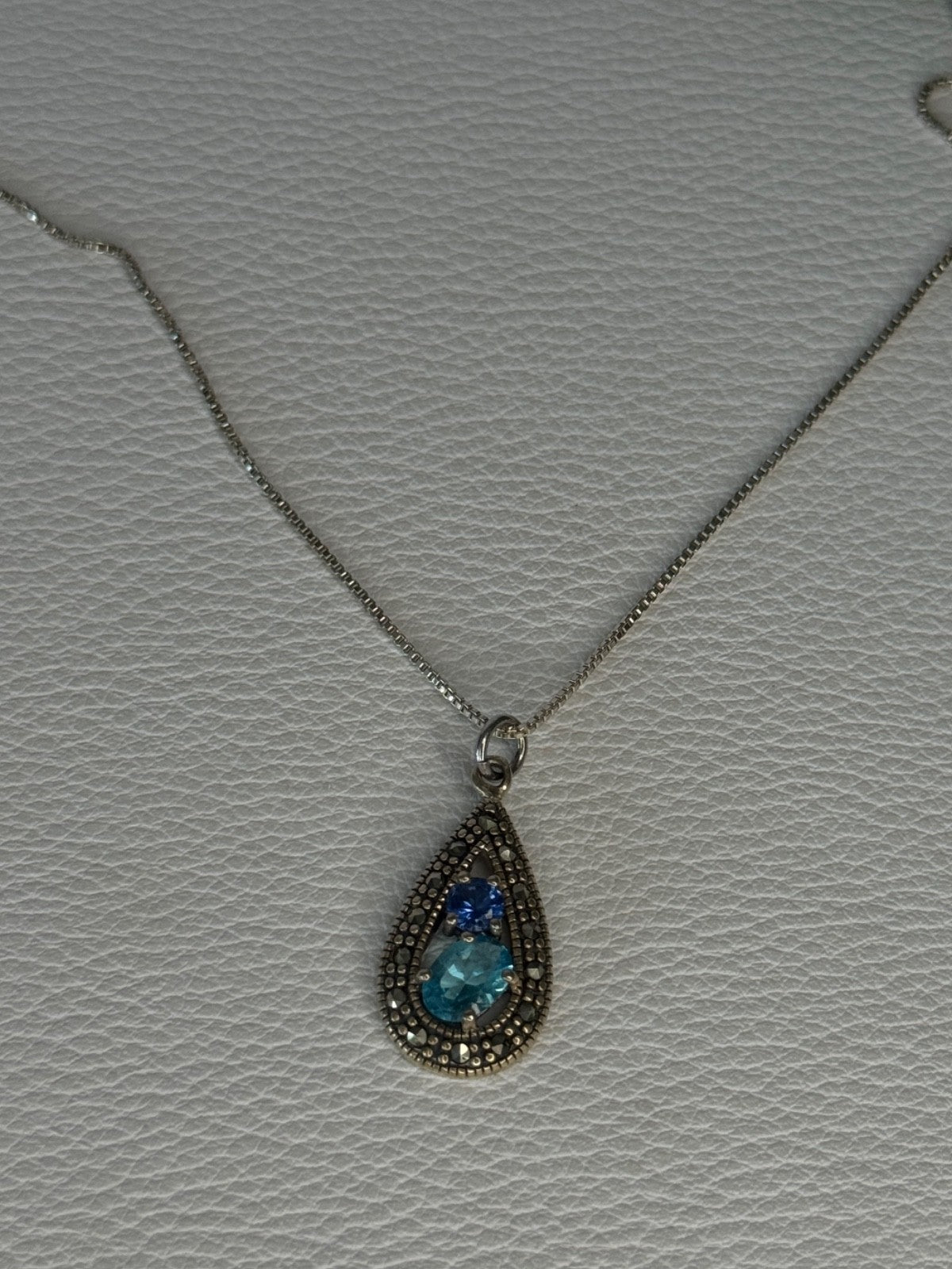 925 Sterling Silver Topaz, Sapphire & Marcasite Necklace Length 15.5 Inch