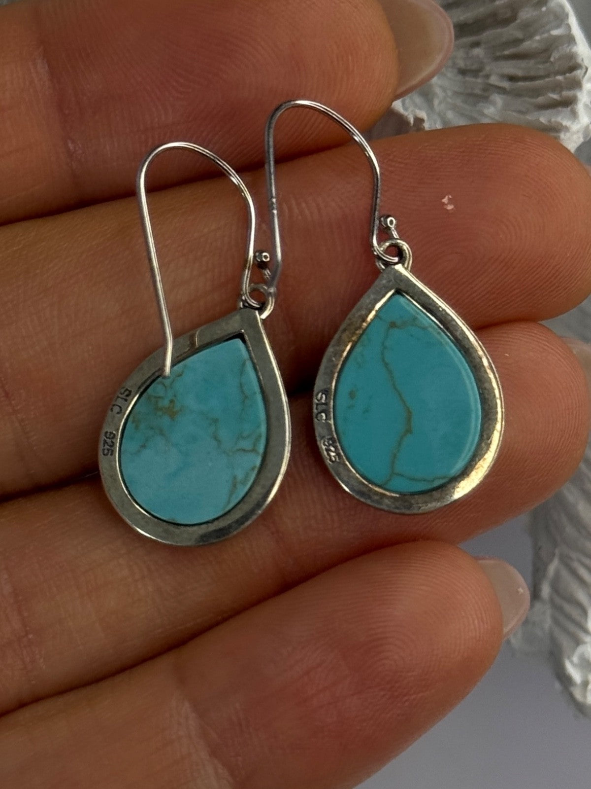 925 Sterling Silver Turquoise & Marcasite Earrings Length 1.20 Inch