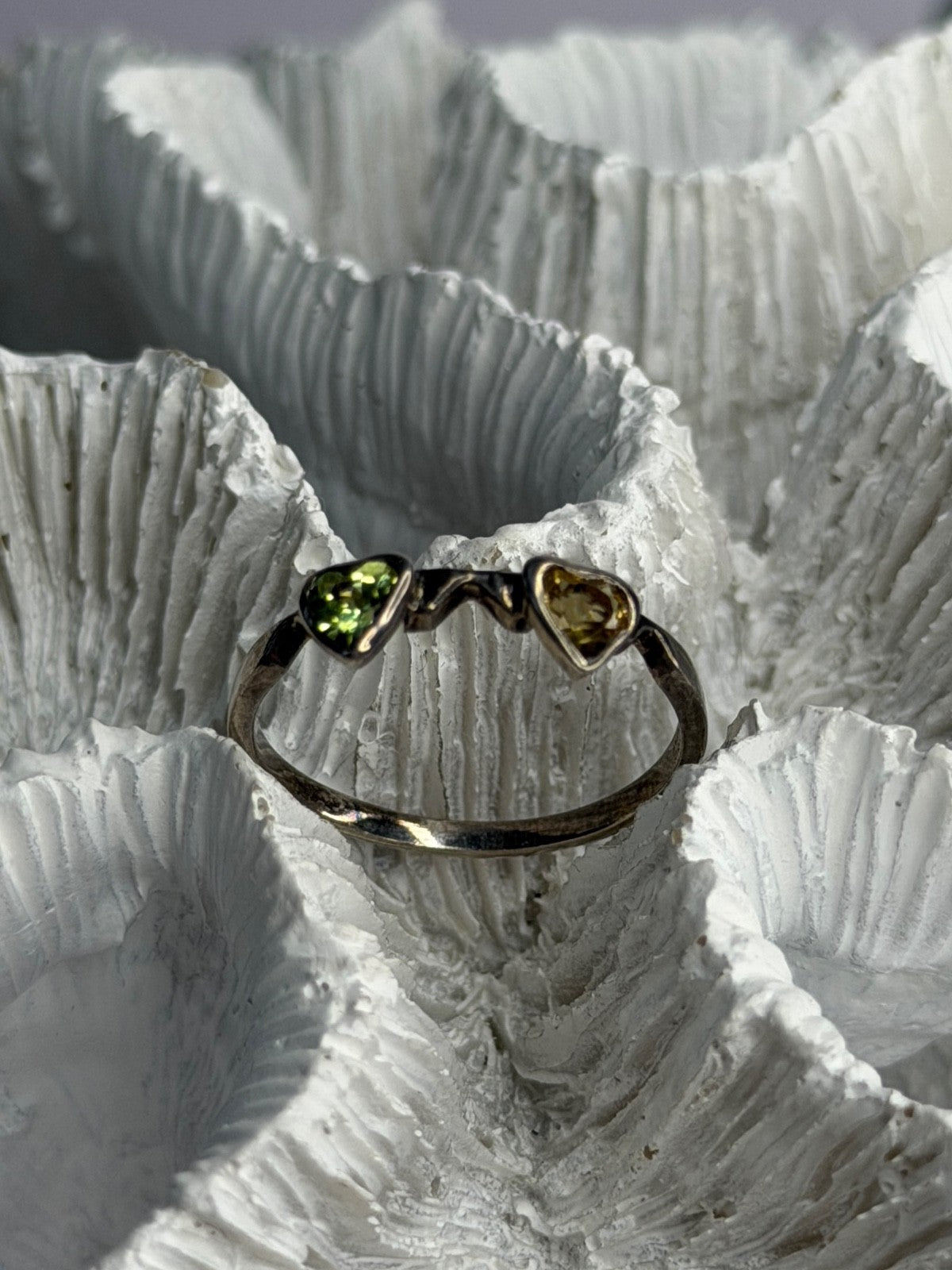 925 Sterling Silver Peridot & Citrine Heart Ring Size 8