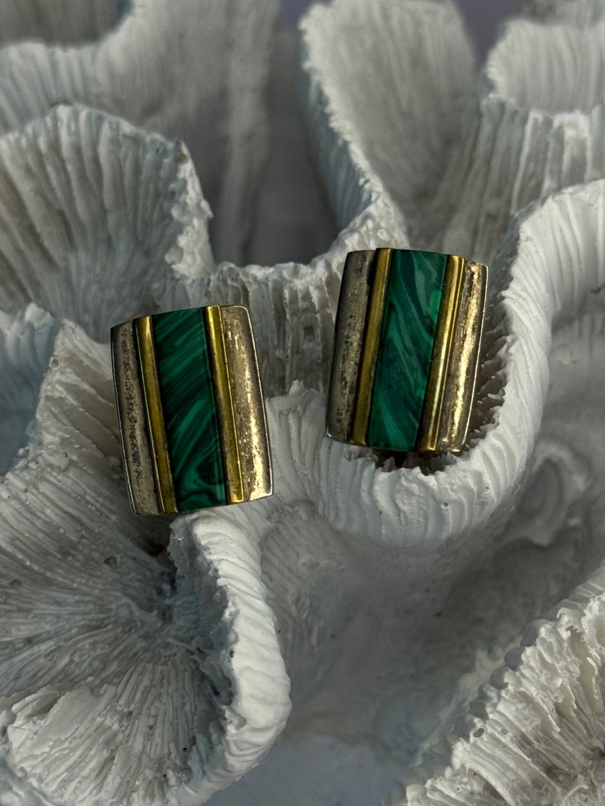 925 Sterling Silver Gold Plated Part Malachite Cufflinks