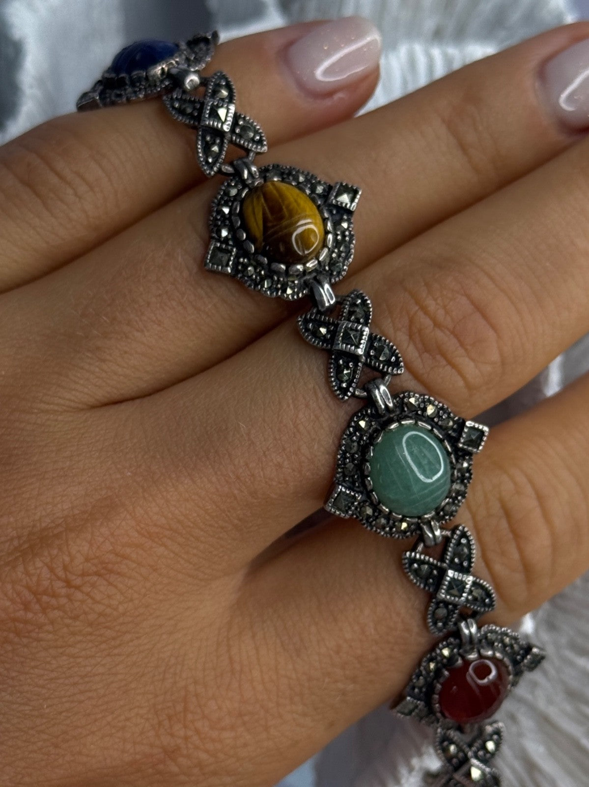 Vintage 925 Sterling Silver Multi Color Stones Bracelet Lenght 8