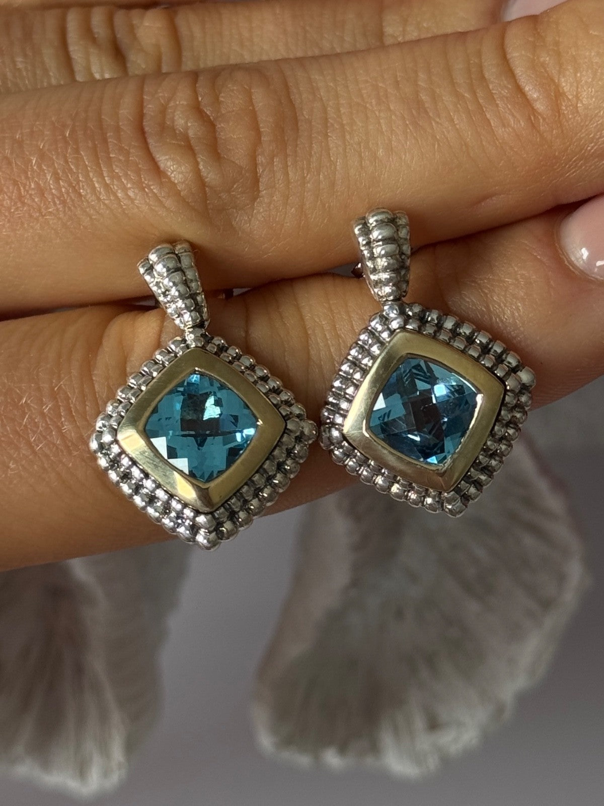 14K Yellow Gold & 925 Sterling Silver Blue Topaz Earrings
