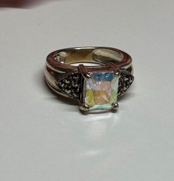925 Sterling Silver CZ & Marcasite Ring Size 6