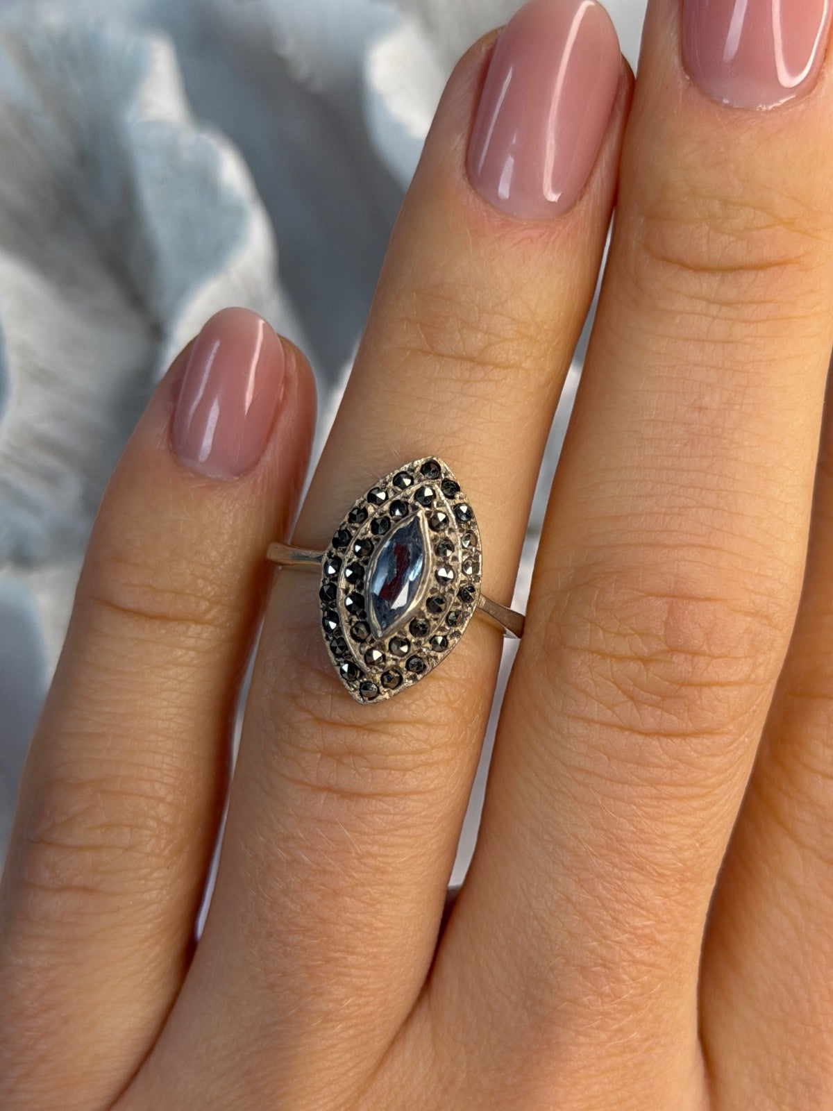 925 Sterling Silver Topaz & Marcasites Ring Size 5.5