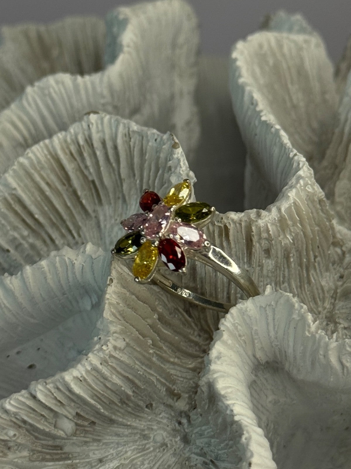 925 Sterling Silver Multi Color Spinel Flower Ring Size 7