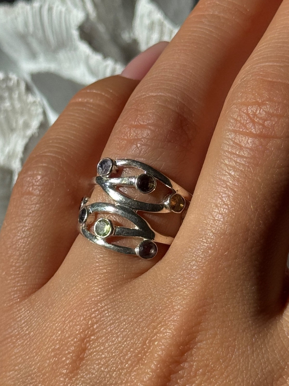 925 Sterling Silver Multi Color Tourmaline Ring Size 6.5
