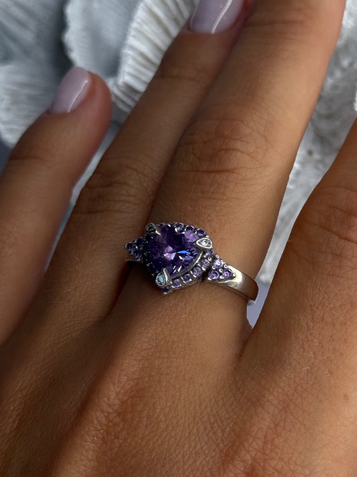 925 Sterling Silver Amethyst & Diamond Heart Ring Size 8.5