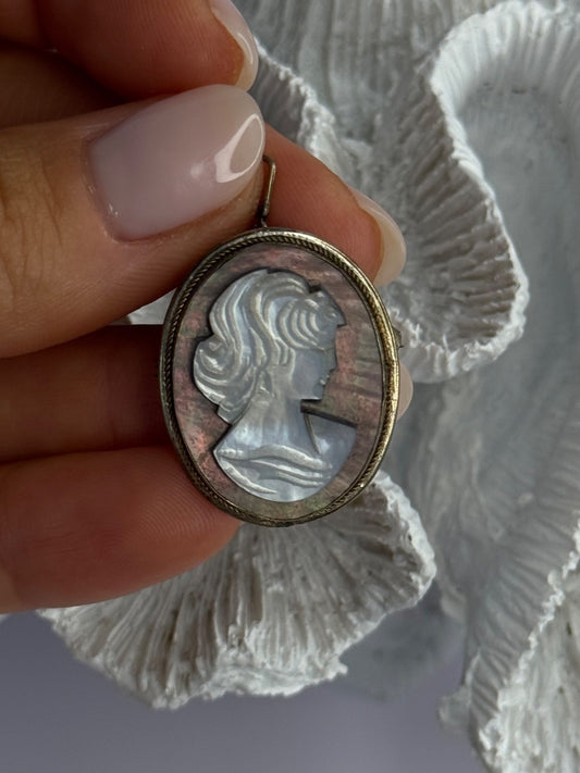 Vintage 925 Sterling Silver Abalone Cameo Brooch Pendant