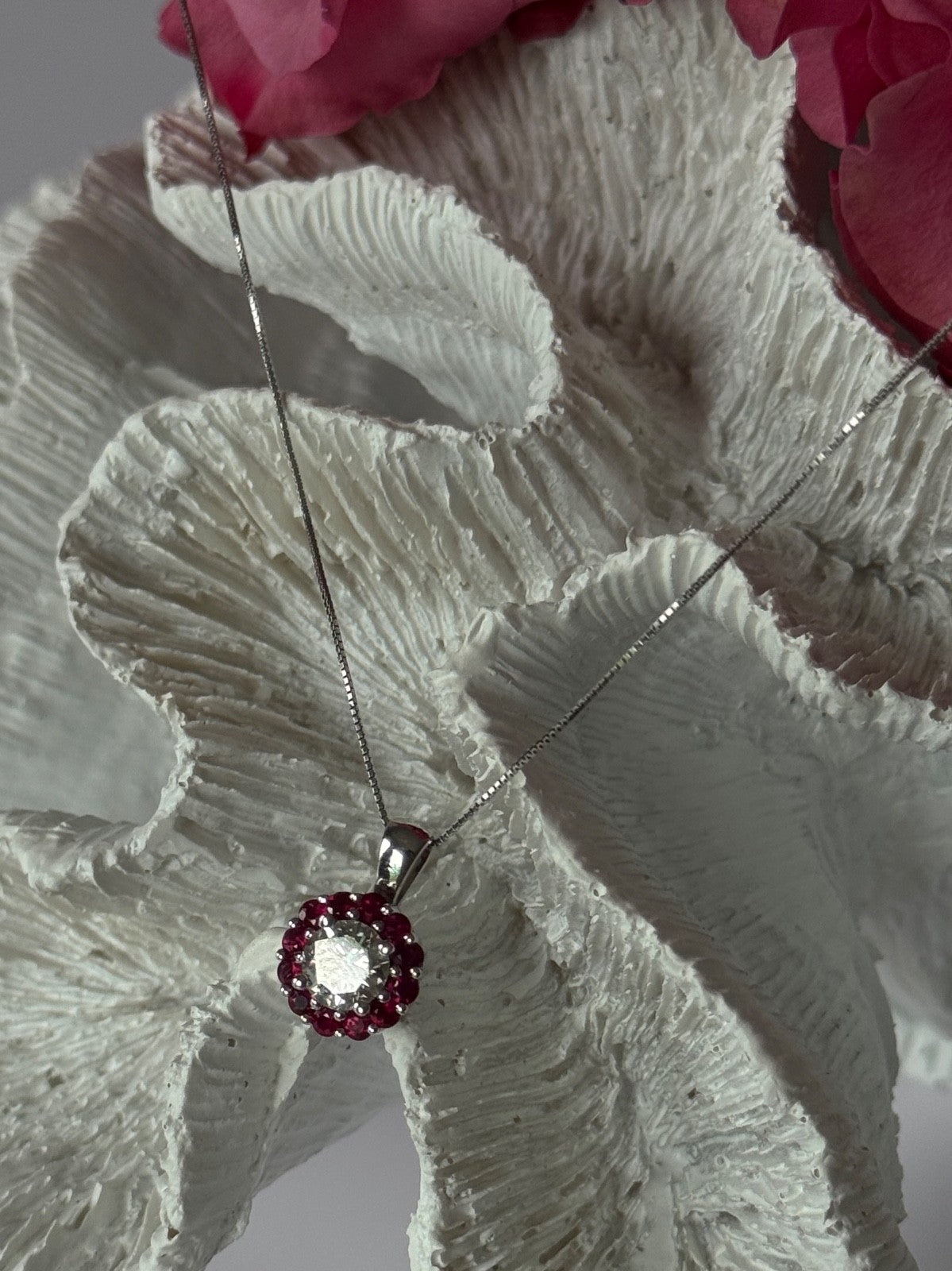 14K White Gold Diamond & Ruby Flower Necklace Length 18 inch