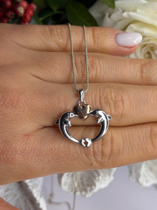 925 Sterling Silver Gold Plated Heart & Dolphins Necklace Length 18 in