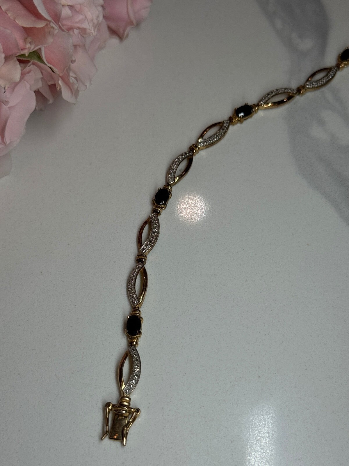 925 Sterling Silver Gold Plated Sapphire Bracelet Length 7.5 in