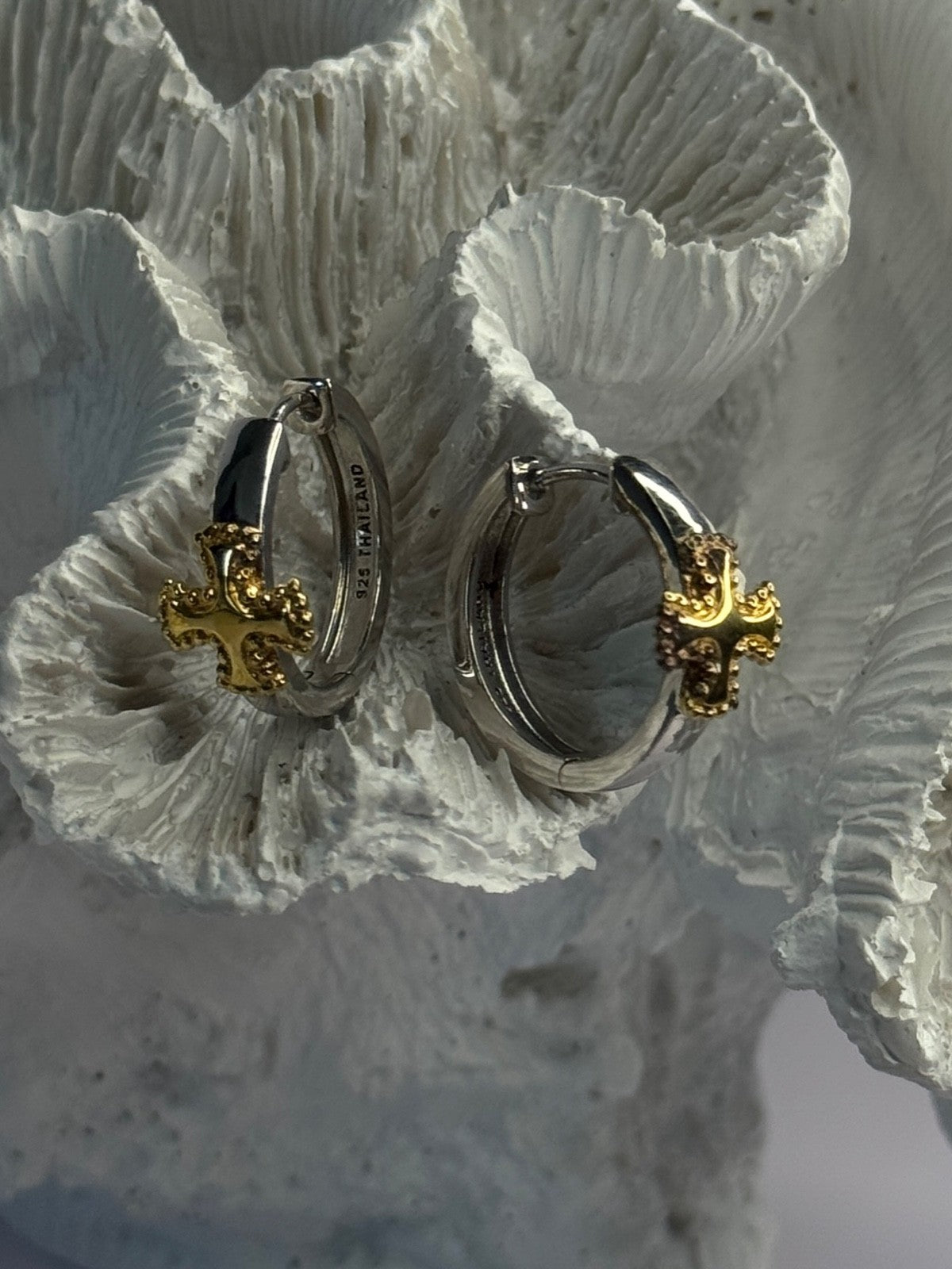 925 Sterling Silver Gold Plated Cross Earrings Length 0.75 Inch