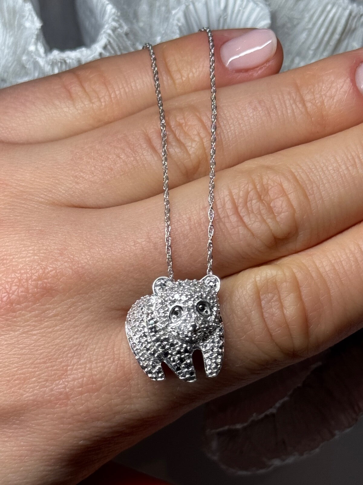 925 Sterling Silver CZ "Panda" Necklace Length 18 In