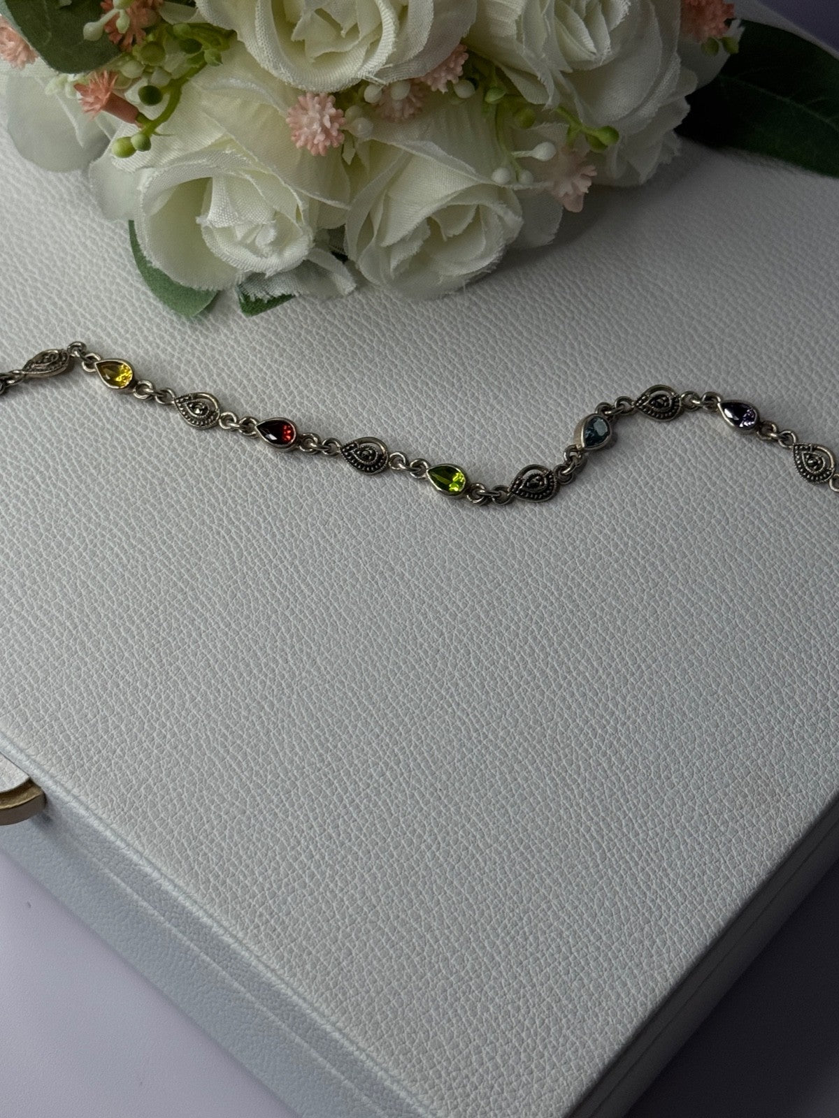 925 Sterling Silver Amethyst Citrine Garnet Peridot Topaz Bracelet Length 7.5 In