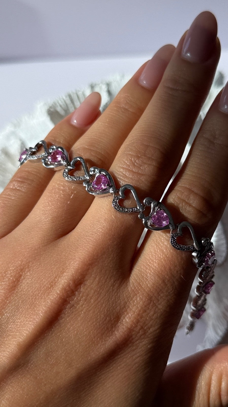 925 Sterling Silver Pink Sapphire Heart Bracelet Length 7.5
