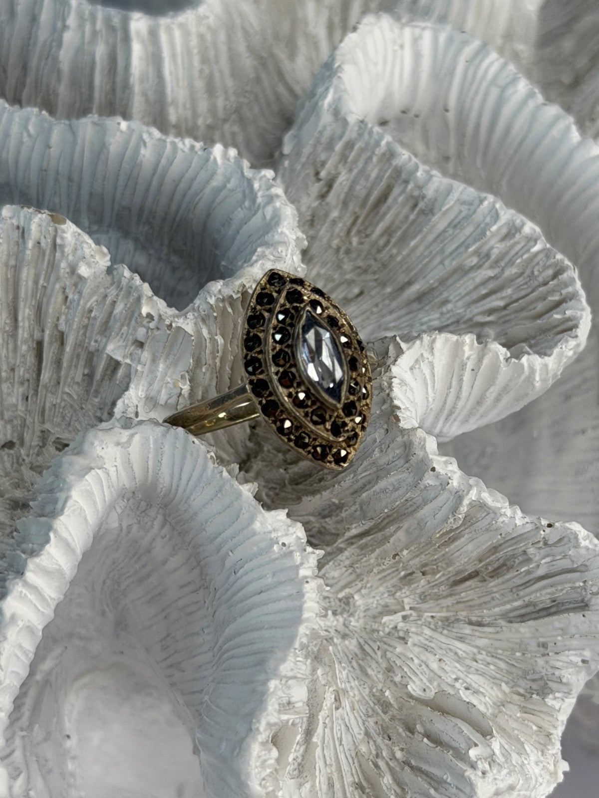 925 Sterling Silver Topaz & Marcasites Ring Size 5.5