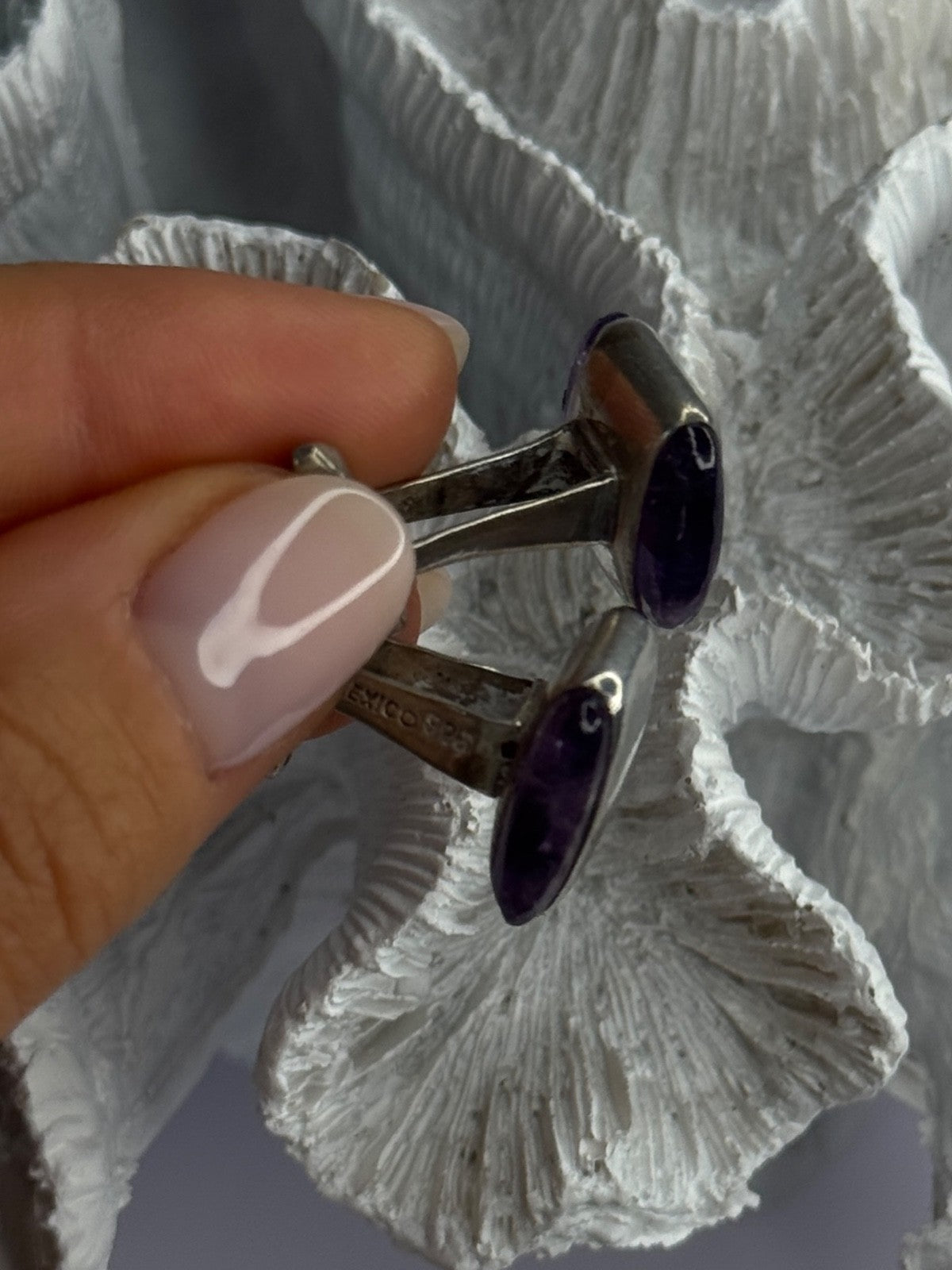 Vintage 925 Sterling Silver Amethyst Taxco Beto Cufflinks