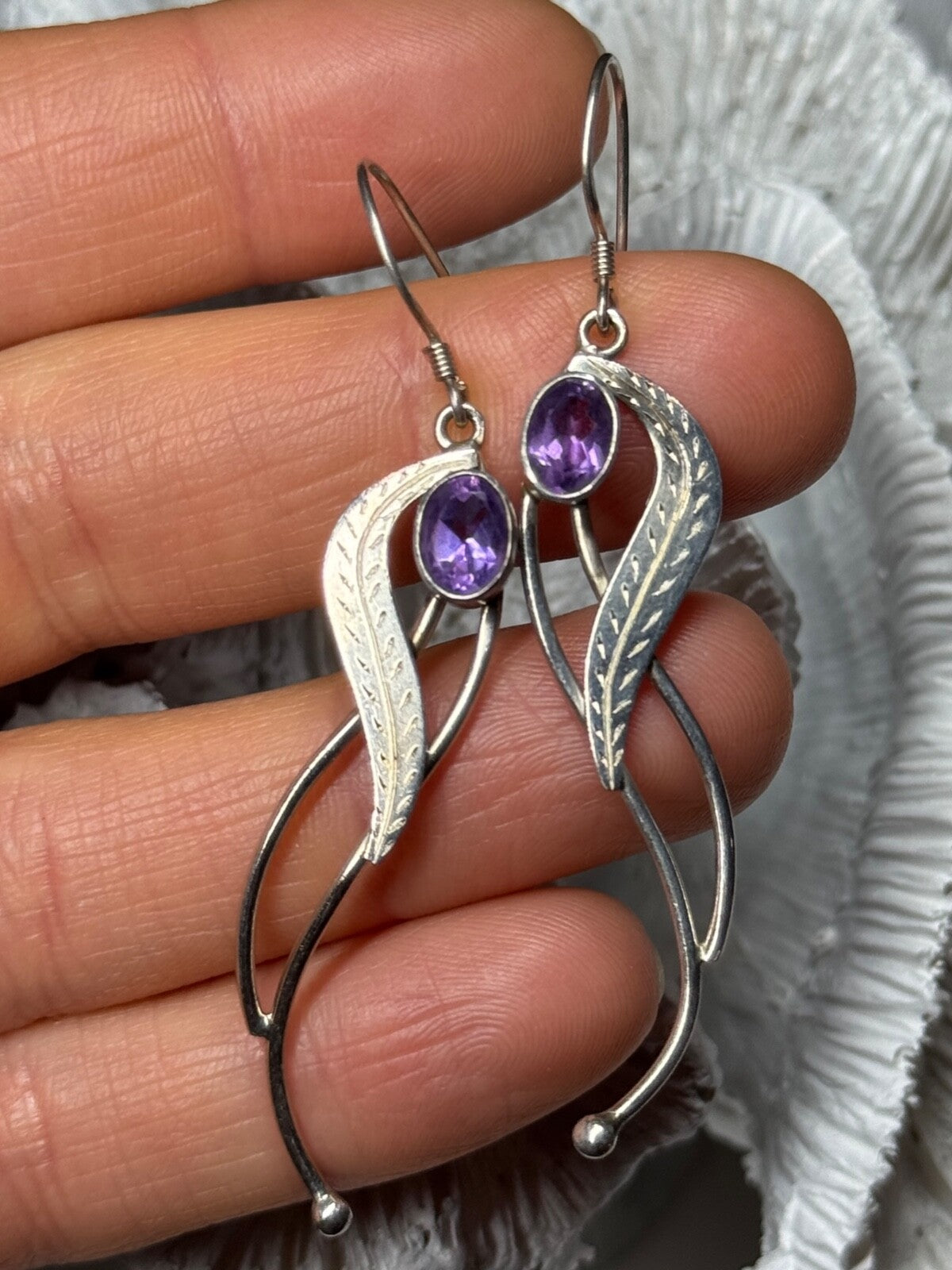 925 Sterling Silver Amethyst Earrings Length 2.6 Inch
