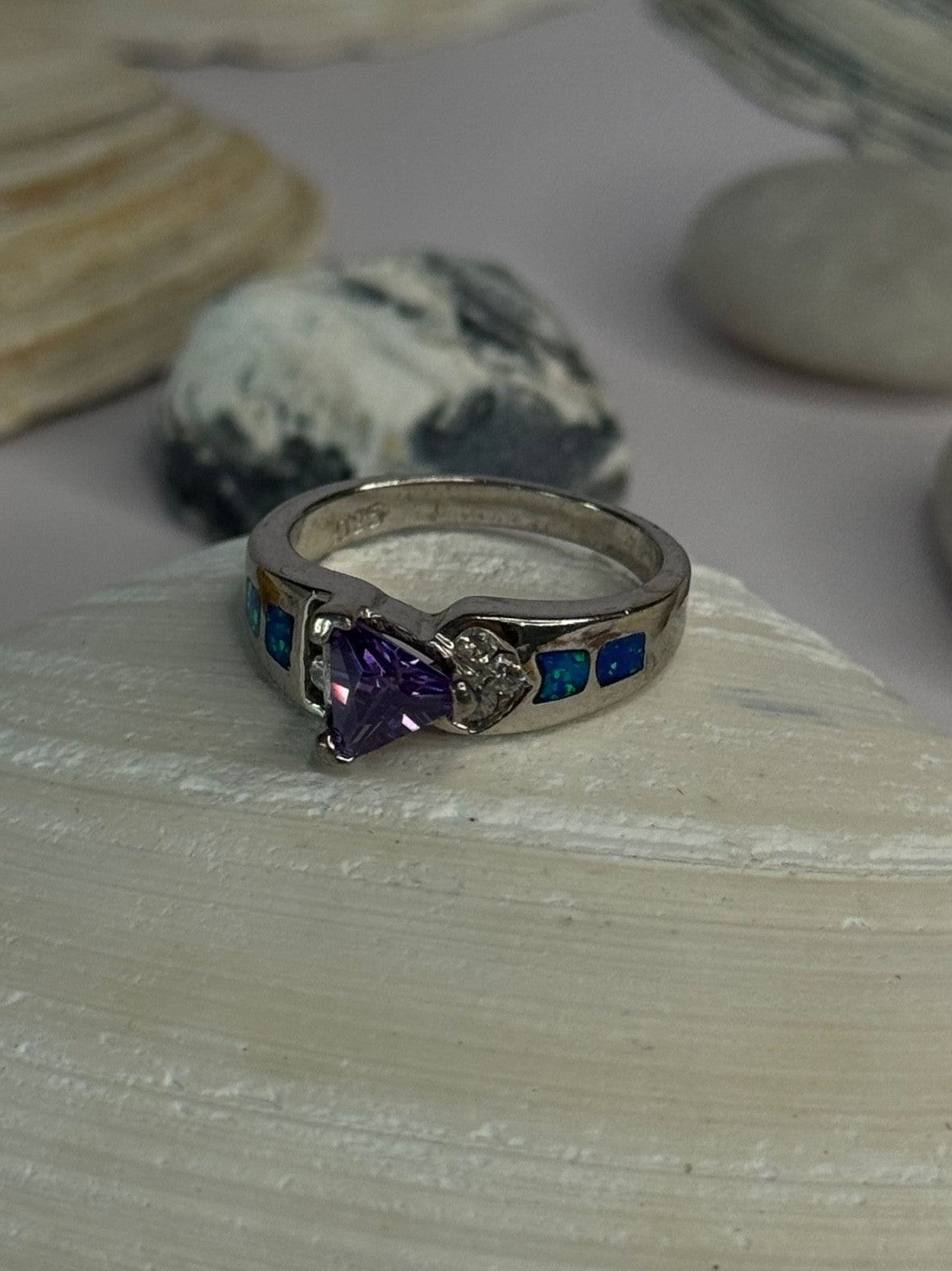 925 Sterling Silver Amethyst & Beryl & Opal Ring Size 6.5