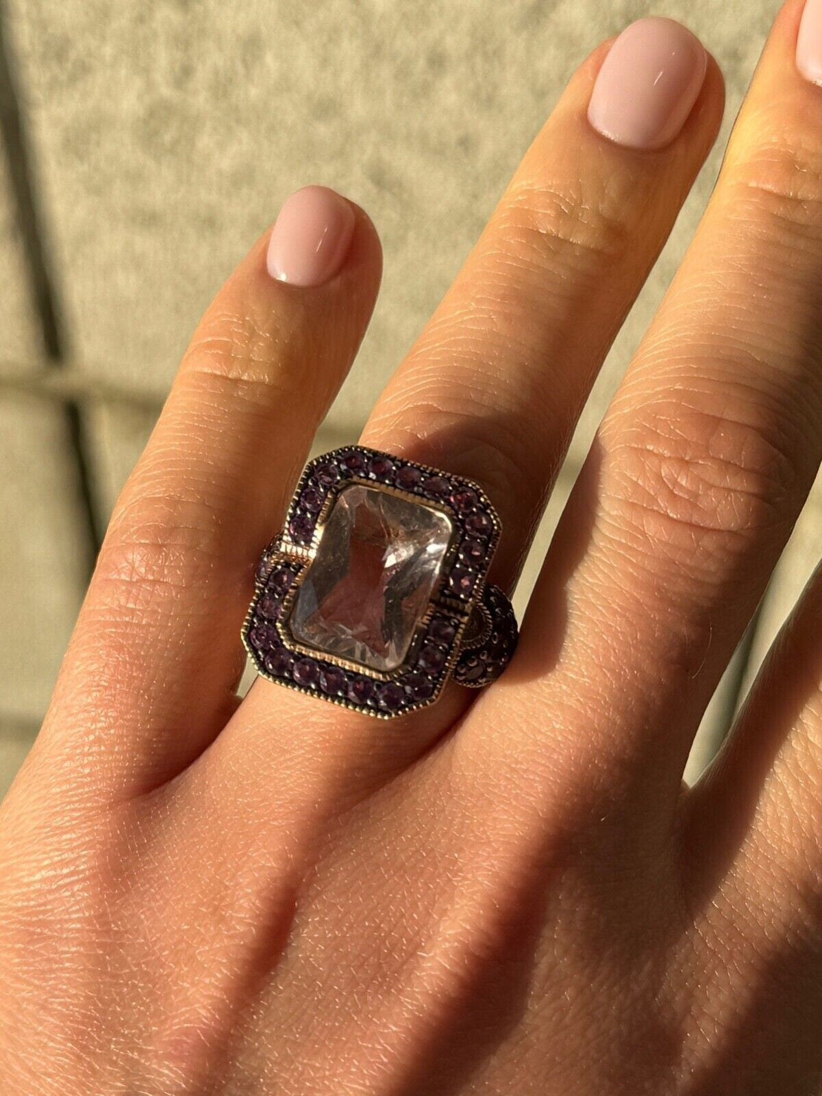 925 Sterling Silver Gold Plated Morganite & Amethyst Ring Size 6
