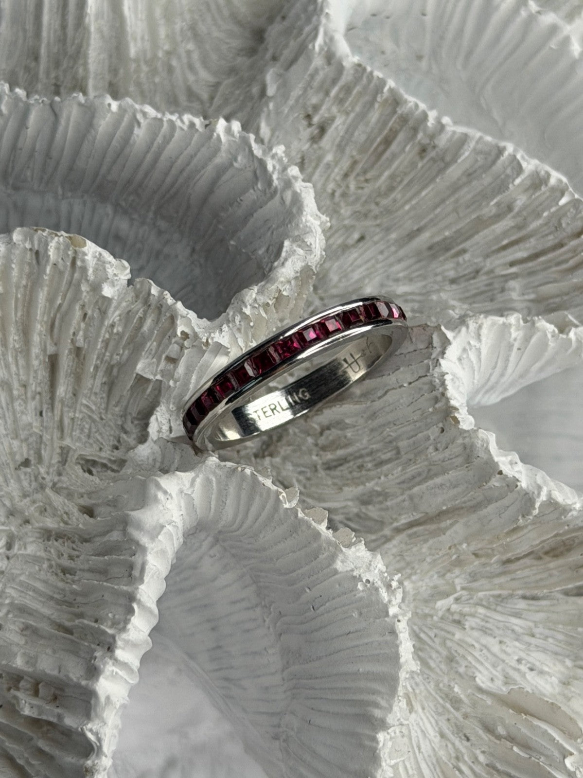 925 Sterling Silver Pink Spinel Band Ring Size 6
