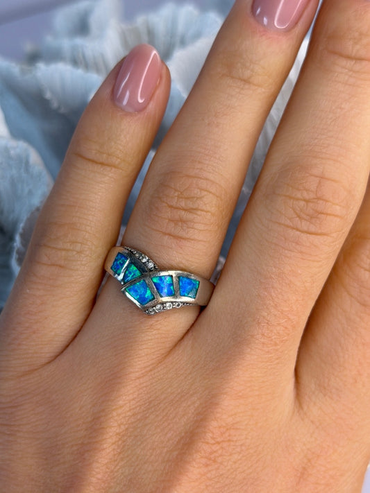 925 Sterling Silver Opal & Beryl Ring Size 7