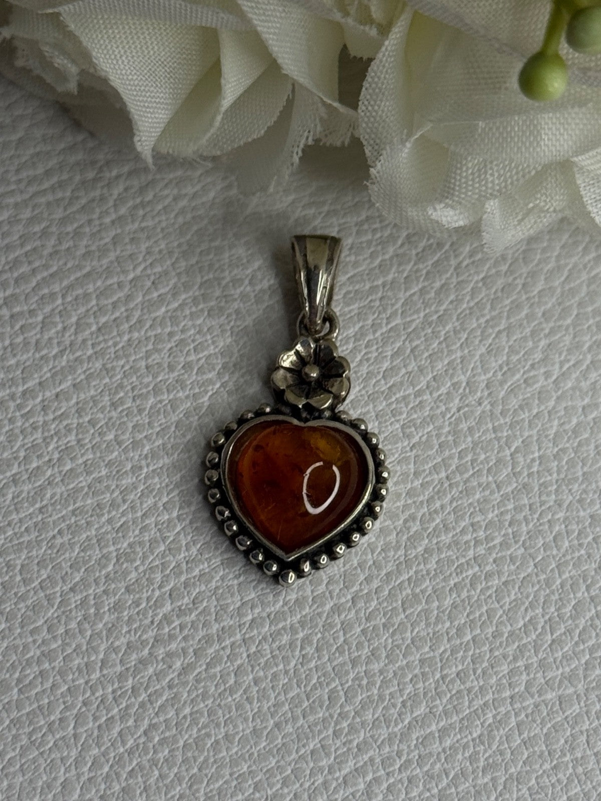 925 Sterling Silver Amber Heart & Flower Pendant Length 1.15 Inch