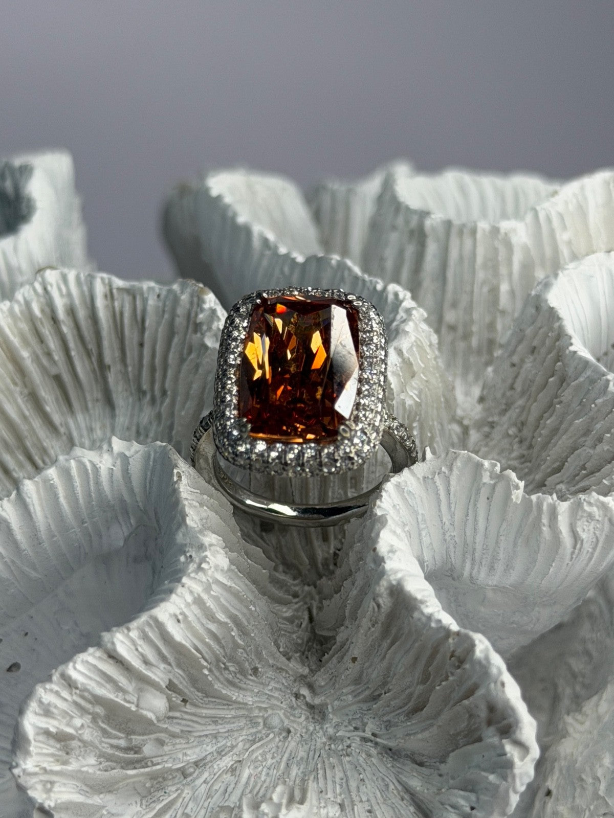 925 Sterling Silver Orange Crystal & Cz Ring Size 5