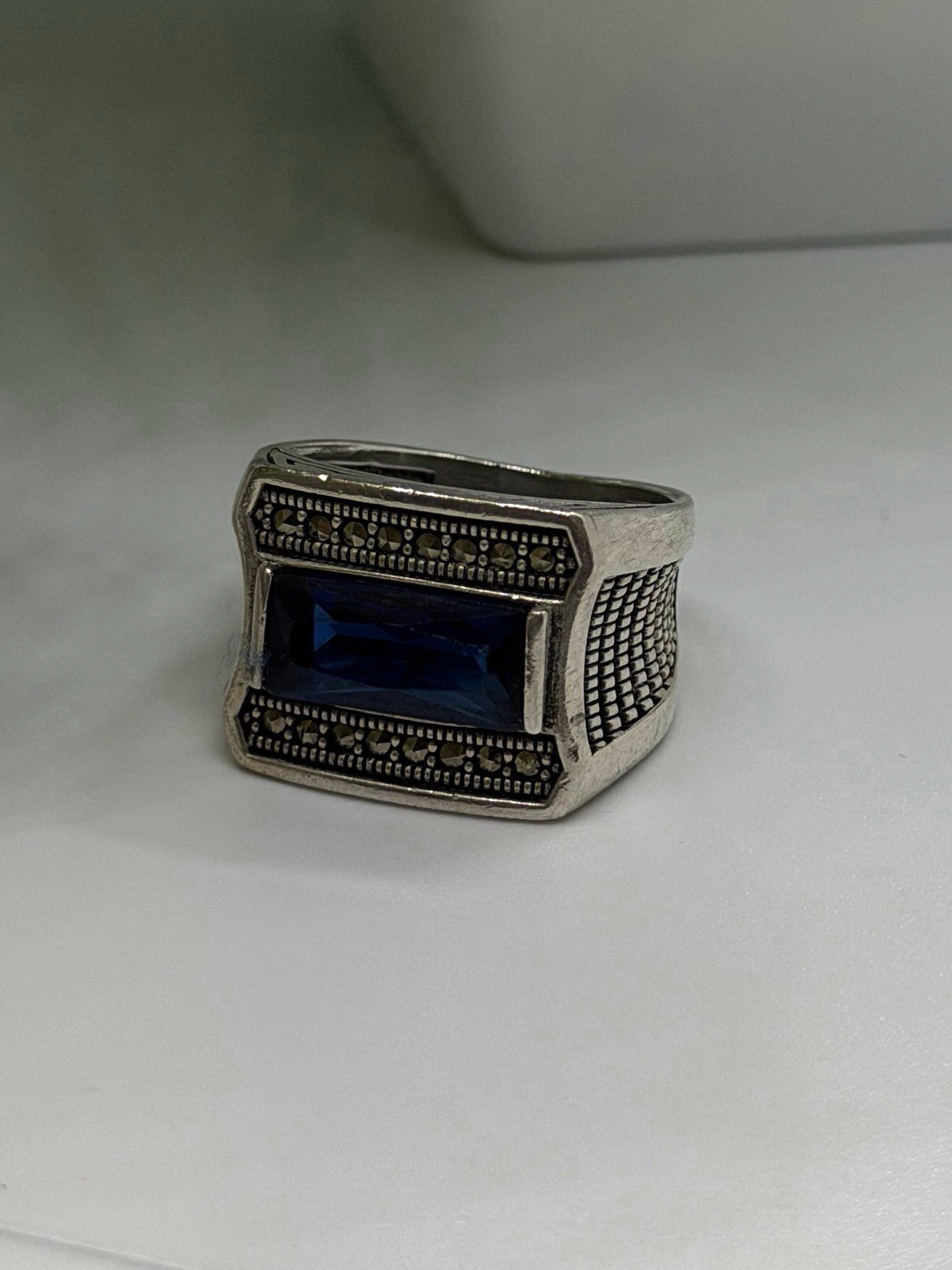 HarlemBling 925 Sterling Silver Sapphire & Marcasite Ring Size 8