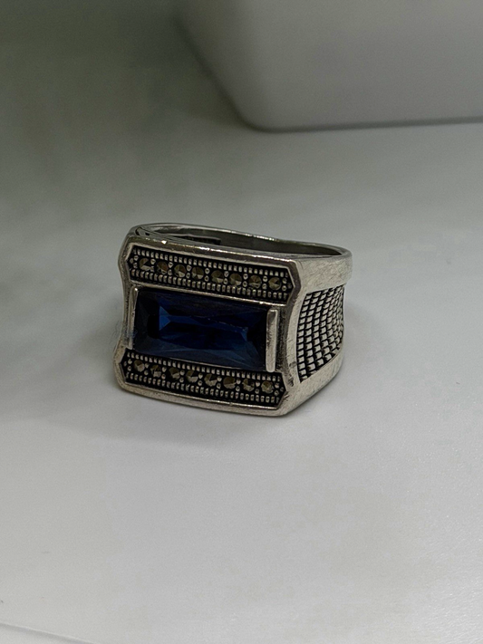 HarlemBling 925 Sterling Silver Sapphire & Marcasite Ring Size 8