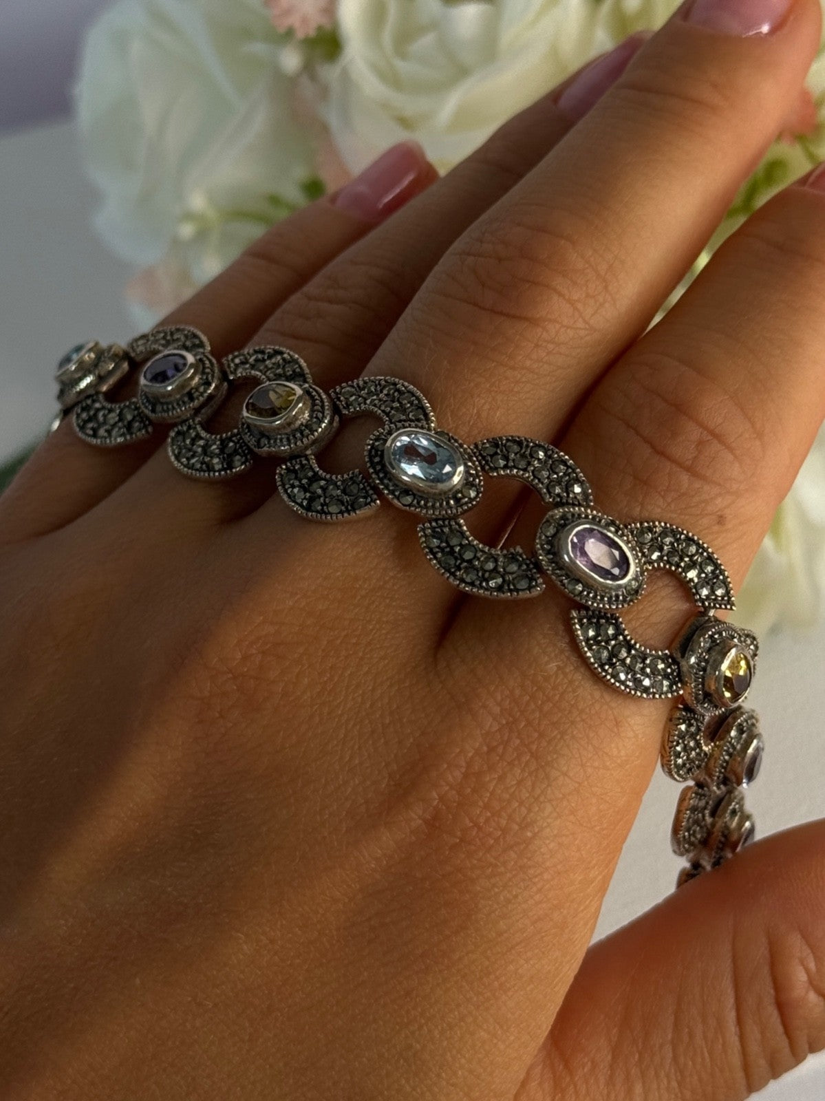 925 Sterling Silver Amethyst Citrine Topaz Marcasite Bracelet Length 7.5 Inch