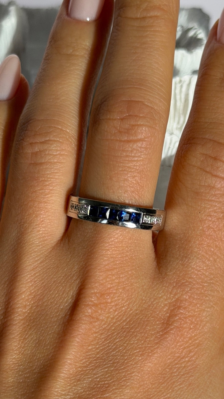 14K White Gold Sapphire & Diamond Ring Size 10.5