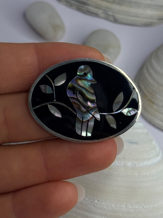 Vintage 925 Sterling Silver Abalone Bird Brooch Length 1.10 Inch