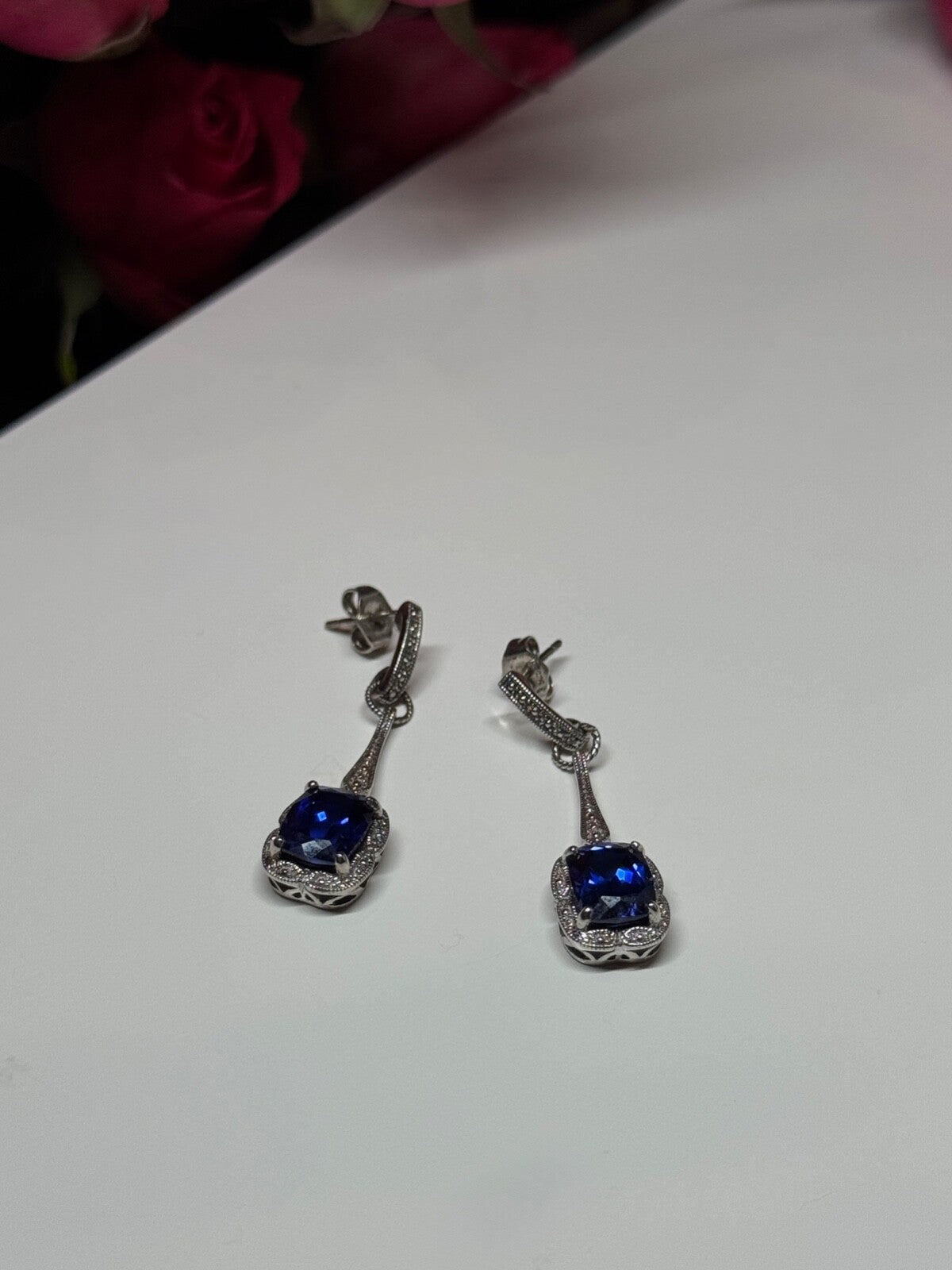 925 Sterling Silver Sapphire Earrings Length 1.5 Inch