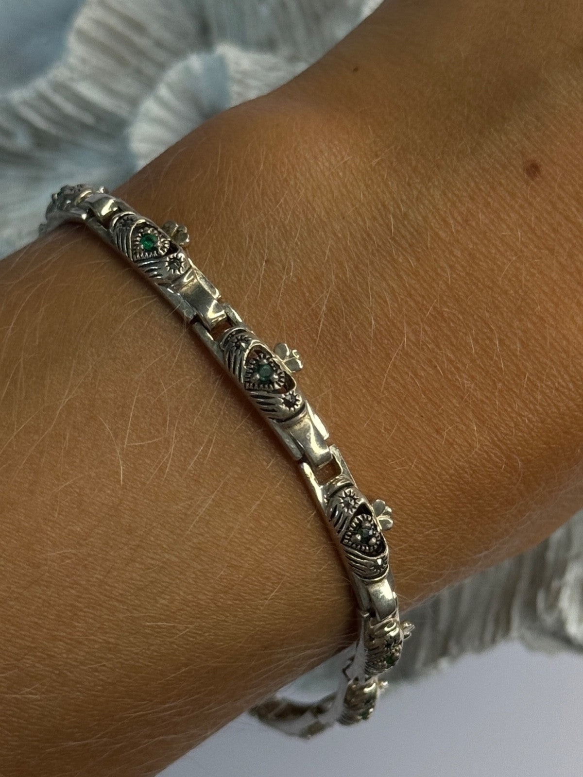 Vintage 925 Sterling Silver Heart Emerald & Marcasite Bracelet Length 7