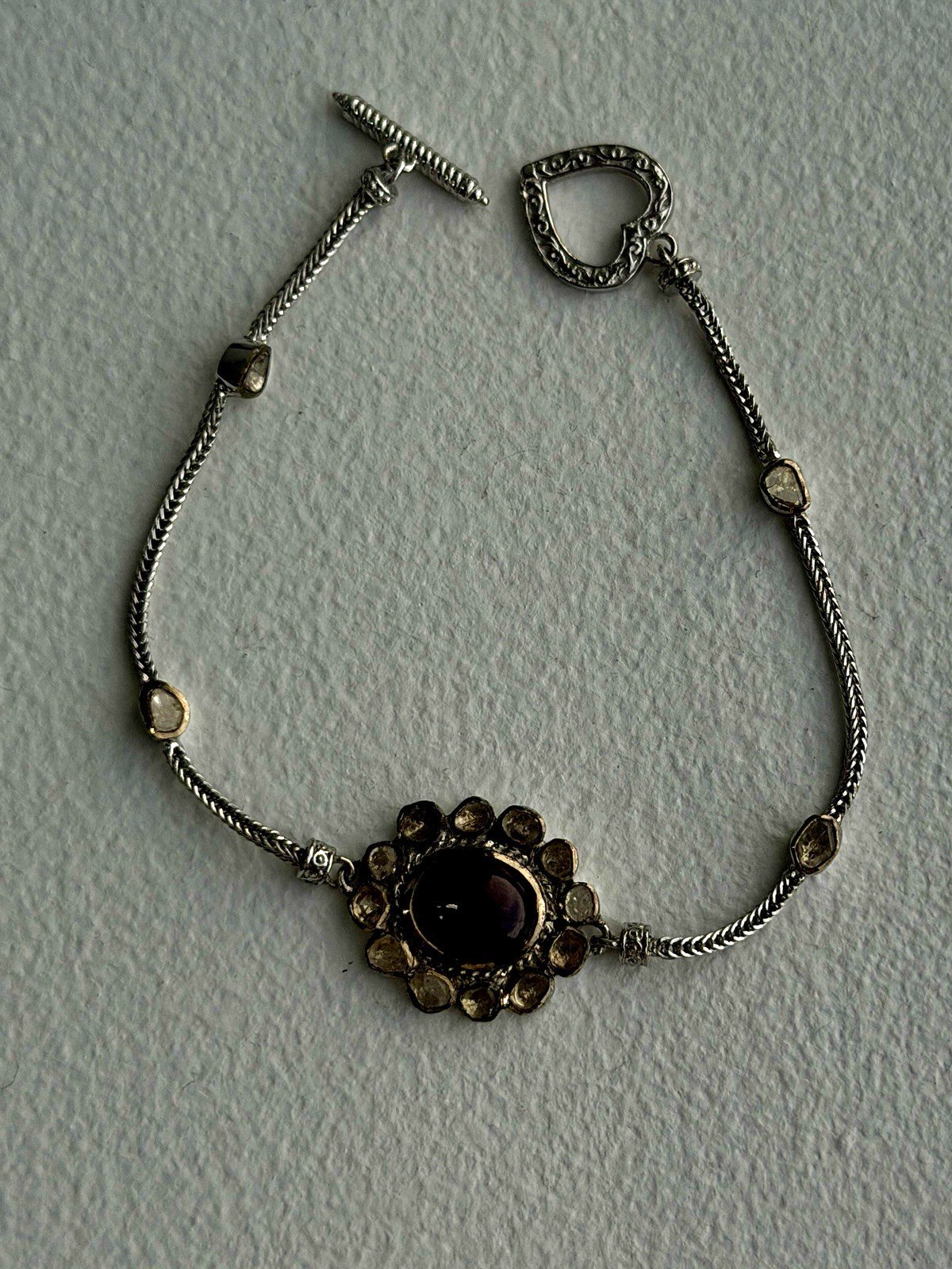 Antique Djoy 925 Sterling Silver Ruby & Beryl Flower Heart Bracelet 7