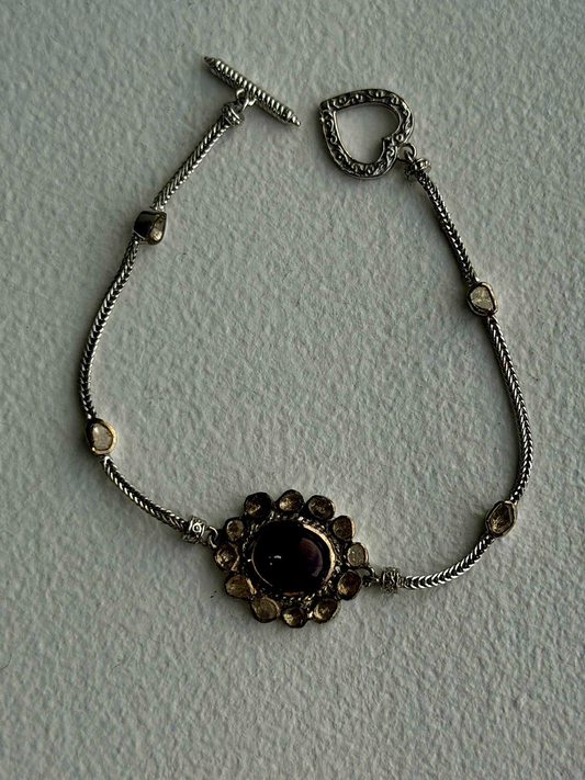 Antique Djoy 925 Sterling Silver Ruby & Beryl Flower Heart Bracelet 7