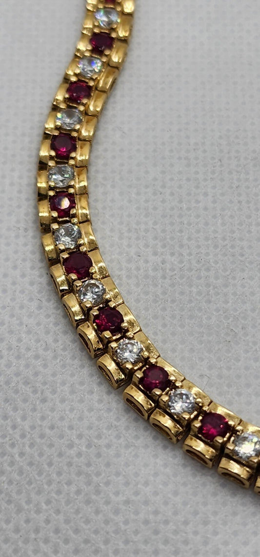 925 Sterling Silver Vermeil Ruby AND Quartz Bracelet Size 7.15 IN