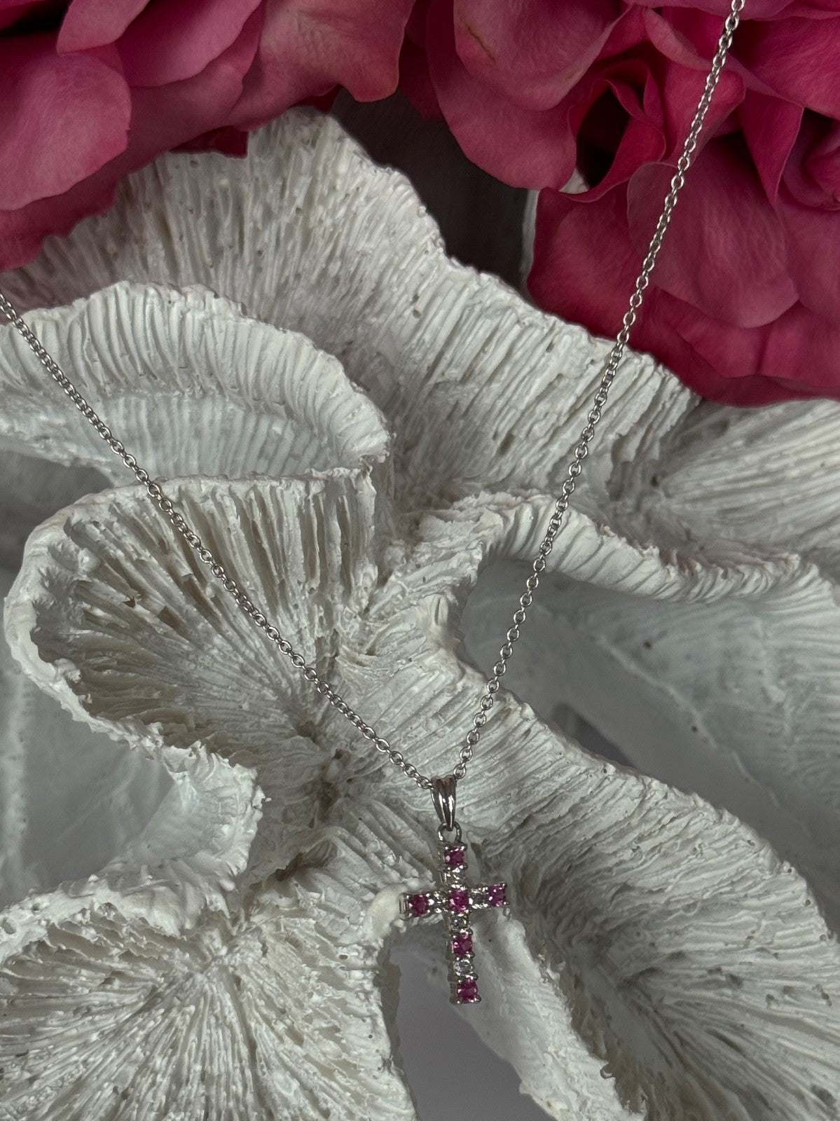 14K White Gold Cross/18K White Gold Chain Pink Sapphire & Diamond Cross Necklace