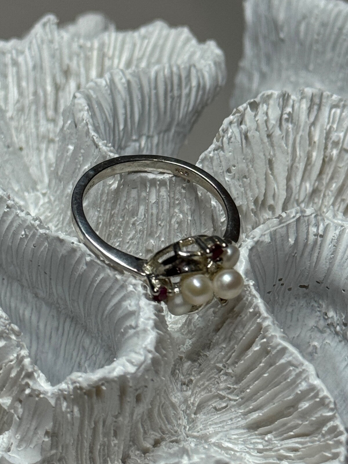 925 Sterling Silver Pearls & Ruby Ring Size 8