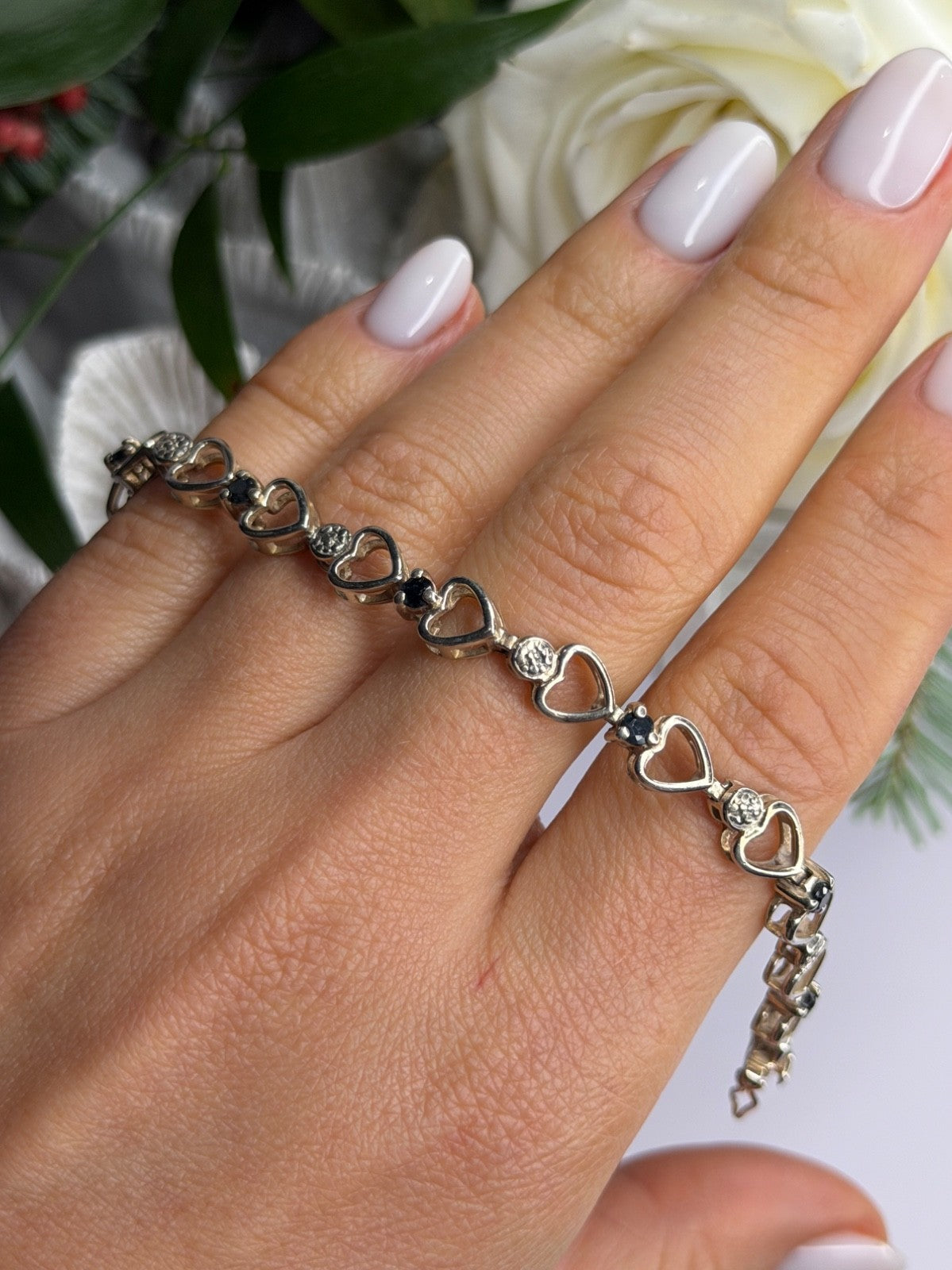 925 Sterling Silver Sapphire Heart Bracelet Size 7.5