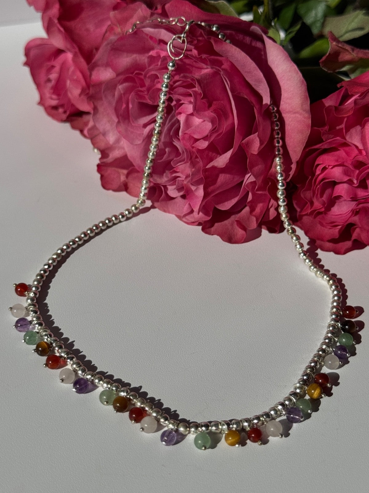 925 Sterling Silver Multi Color Agate Necklace Length 15/18 Inch