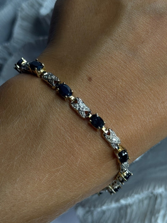 925 Sterling Silver Gold Plated Sapphire & Diamond Bracelet Length 7.5
