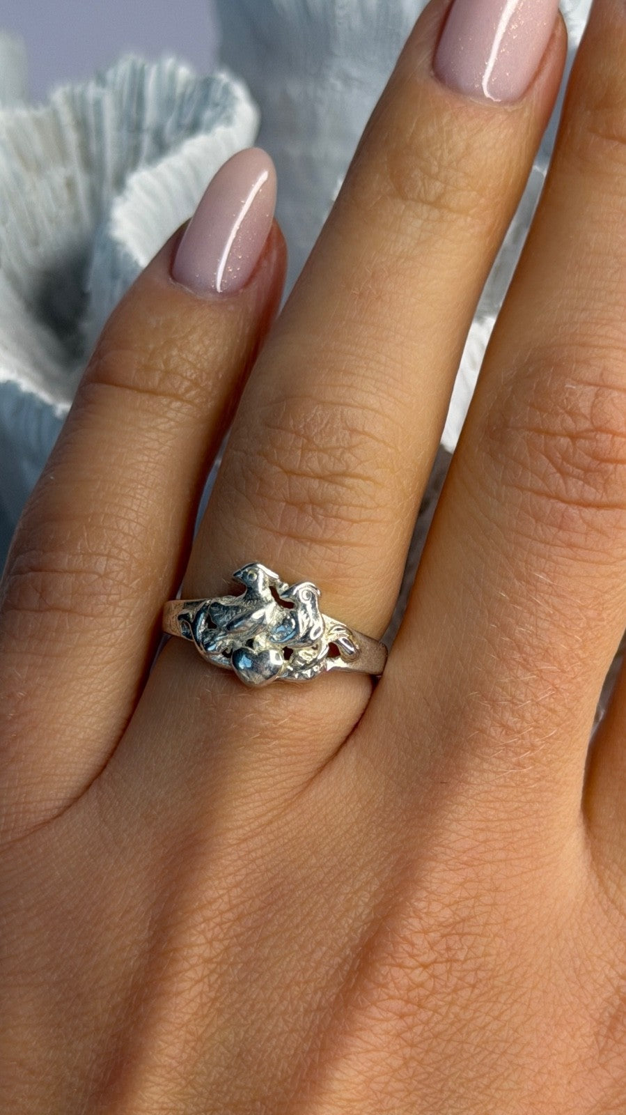 925 Sterling Silver Birds Heart Ring Size 6.5