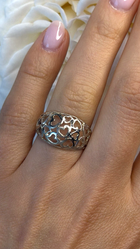 Heart Pattern Romantic 925 Sterling Silver Ring Size 7