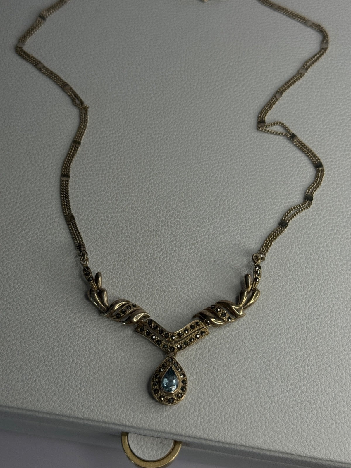 Elegant 925 Sterling Silver Blue Topaz & Marcasite Necklace