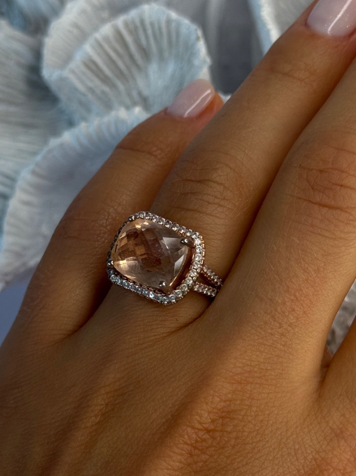 925 Sterling Silver Peach Tourmaline & CZ Ring Size 7