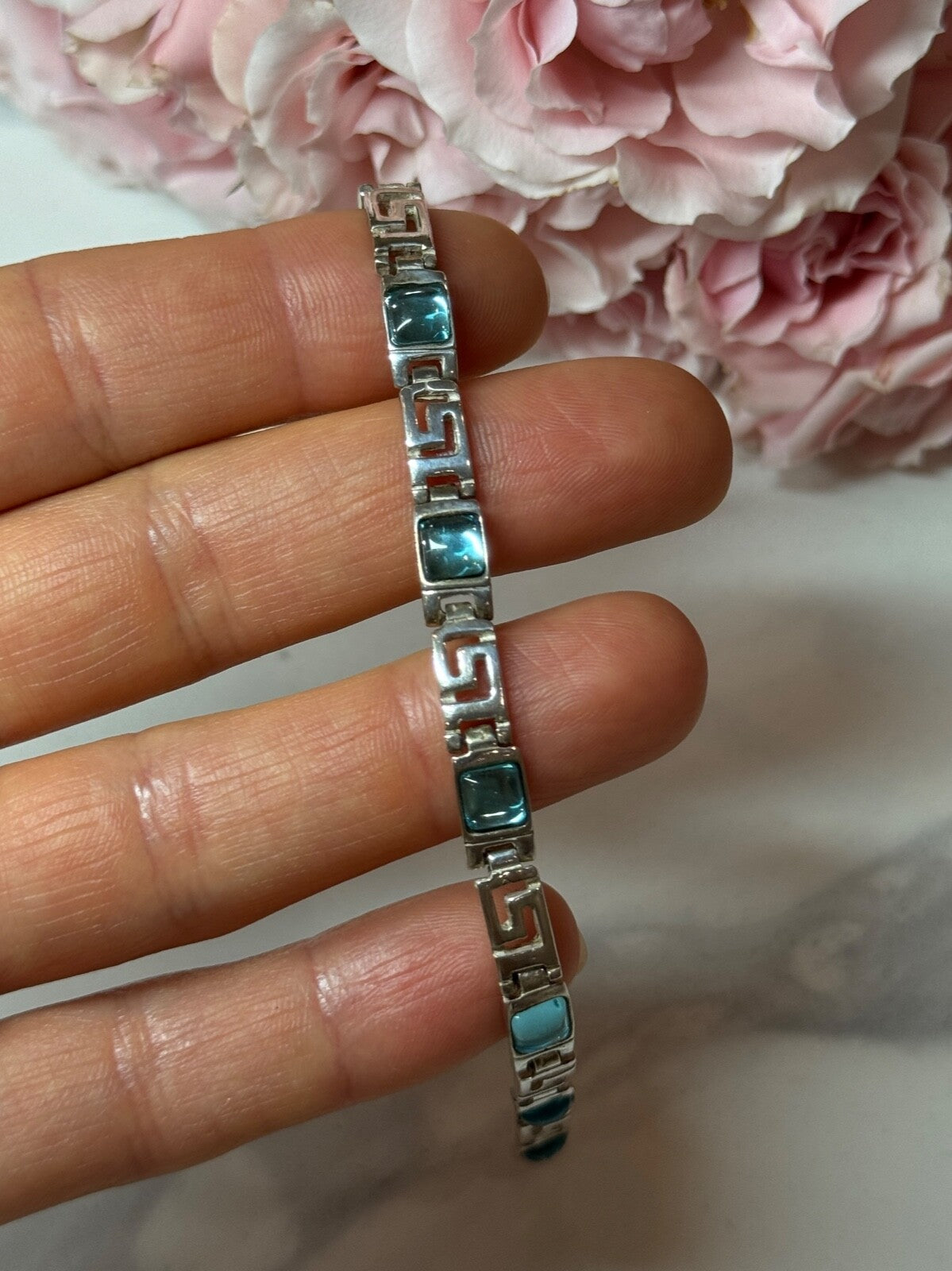 925 Sterling Silver Bracelet Aquamarine Length 7.5 in